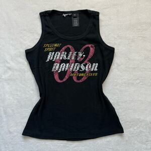 Harley Davidson Vintage Black Rhinestone Tank Top Womens SZ 1W